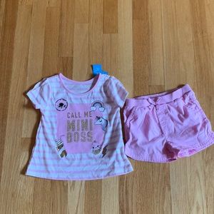 Call me Mini boss, shorts and T-shirt set, size 3T, pink, Whitfield lettering.